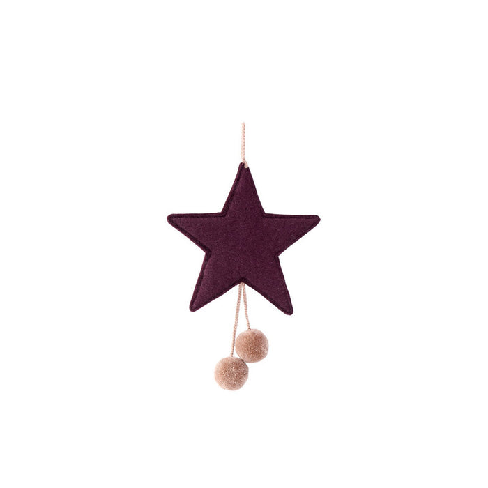 felt star with pompoms - aubergine + quartz pink